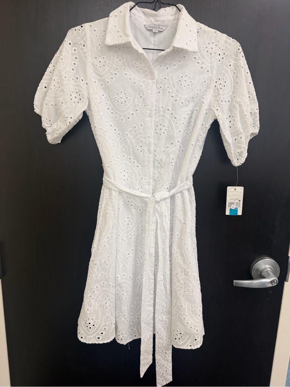 Ophelia Roe White Eyelet Midi Shirt Dress with Tie Waist NWT Size Small